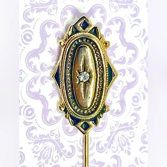 Vintage Avon Heirloom Filigree Oval White Crystal Accent Gold Tone Stick Pin - Picture 2 of 3